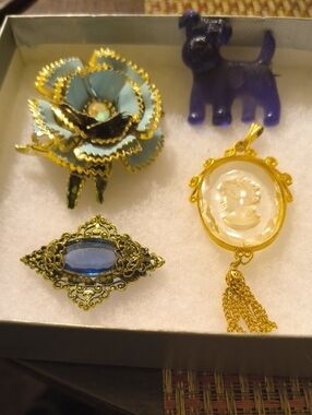 Gold Cameo Pendant and Blue Floral Enamel Brooch Set - Women's Jewelry